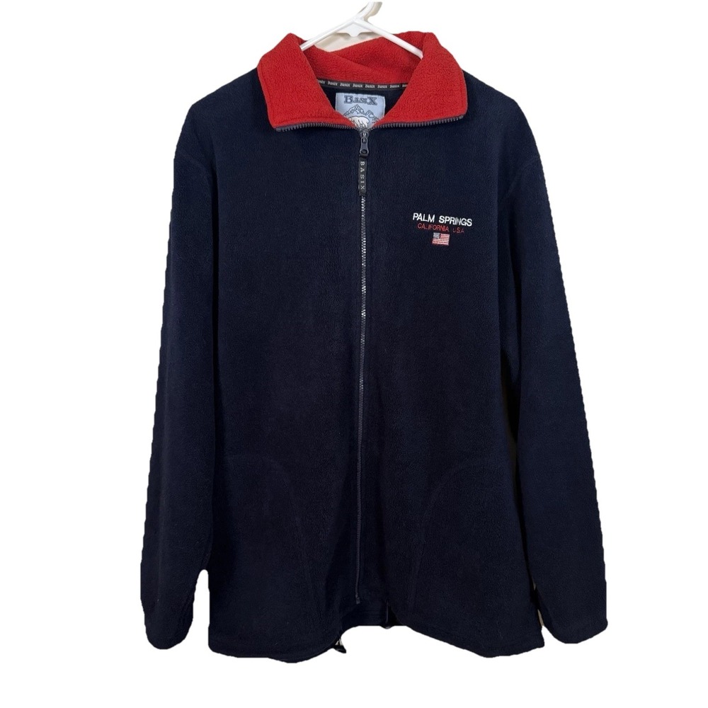 Basix Palm Springs Fleece‎ Jacket Men's M Full Zip Navy Red USA Plush Insulating